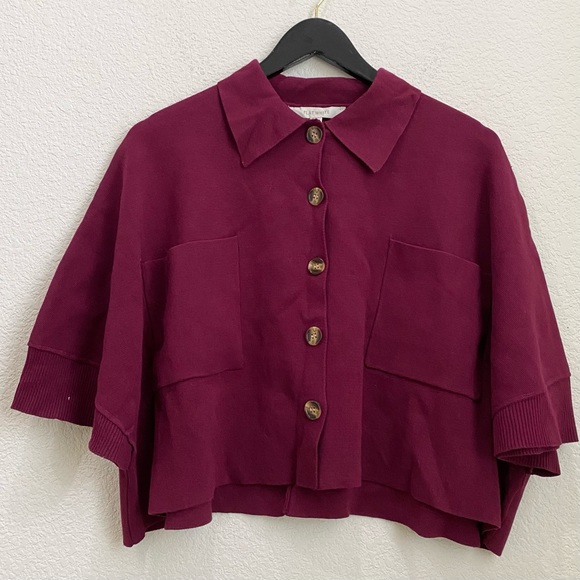 FLAT WHITE by Anthropologie Plum/Prune Button Down Cropped Knit Top Size L - Picture 5 of 12